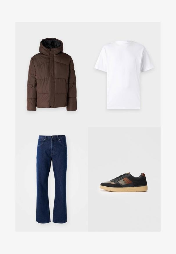 Smešasti smeđi kaput s kapuljačom, sa prošivenom teksturom, prednjim kopčanjem na dugmad i bočnim džepovima. Podstavljen crnom tkaninom.; Bijela kratka majica s kratkim rukavima od pamuka s okruglim izrezom, s glatkom teksturom i jednostavnim dizajnom bez uzoraka ili naglasaka.; Tamno plave traperice ravnog kroja s gumbom i zatvaračem, petlje za remen i prednjim džepovima na jednobojnoj pozadini.; Crne i smeđe niske tenisice s bež potplatom, vezicama i bočnim brandingom na jednostavnoj bijeloj pozadini.