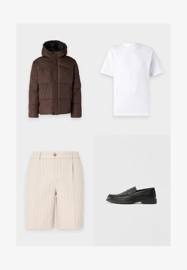 Smešasti smeđi kaput s kapuljačom, sa prošivenom teksturom, prednjim kopčanjem na dugmad i bočnim džepovima. Podstavljen crnom tkaninom.; Bijela kratka majica s kratkim rukavima od pamuka s okruglim izrezom, s glatkom teksturom i jednostavnim dizajnom bez uzoraka ili naglasaka.; Bež kratke hlače izrađene od laganog materijala, s uzorkom prugica, prednjim zatvaranjem na dugme i bočnim džepovima.; Crne kožne mokasine s glatkom površinom, gornji dio u stilu mokasina, ojačani šavovi i gumeni potplat. Klasičan dizajn s niskom petom.