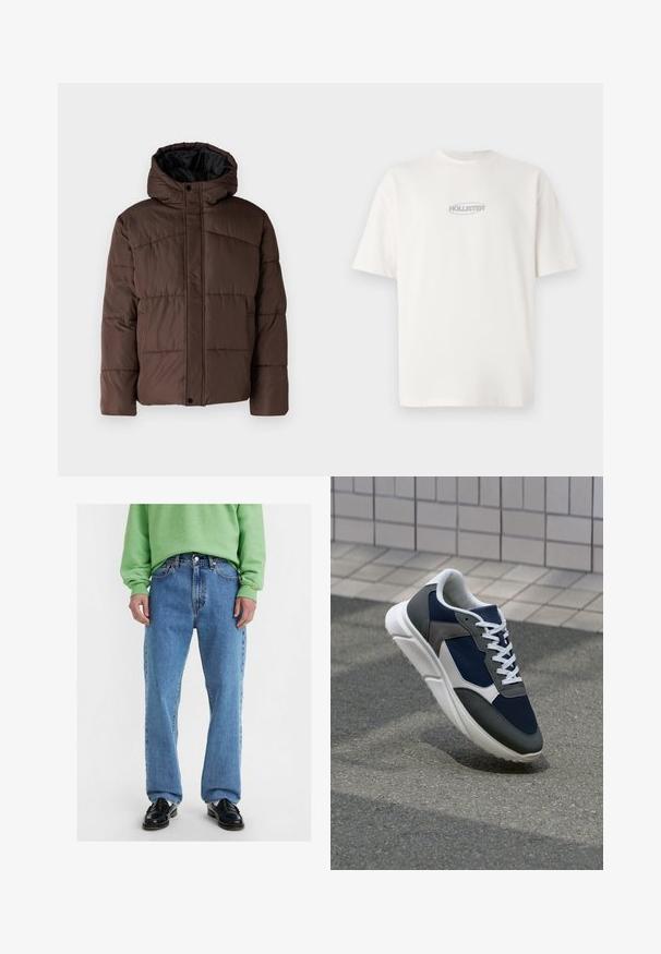 Ruskea vuorattu takki hupulla, jossa on kirjailtu pinta, etupainikkeet ja sivutaskut. Vuorattu mustalla kankaalla.; Valkoinen puuvillapaita, jossa on pyöreä kaula-aukko ja lyhyet hihat. Paidassa on rintakehällä keskitetty pieni harmaa "HOLLISTER"-logo.; Vaaleansiniset suoralahkeiset farkut, joissa on klassinen viiden-taskun muotoilu, kestävä farkkukangas ja kontrastiväriset tikkaukset.; Kengät, joissa on tummansininen verkkopäällinen, harmaat mokka-yksityiskohdat, valkoinen kumipohja ja litteät valkoiset nauhat, suunniteltu mukavuutta ja hengittävyyttä varten.