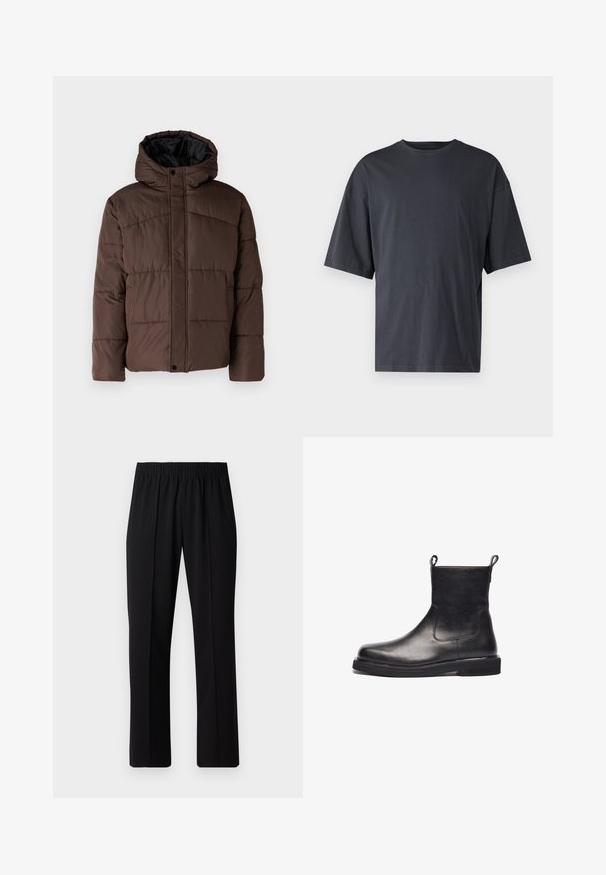 Brun polstret jakke med hette, med flettestruktur, frontlås med trykknapper og sidelommer. Fôret med svart stoff.; Mørk grå kortermet t-skjorte laget av lett bomull, med løs passform og klassisk rund hals, med ensartet tekstur og uten mønstre.; Svart, elastisk midjebukser med rett ben-design, med en glatt tekstur og uten synlige mønstre eller maskinvare.; Svart skinnankelsko med en jevn finish, elastiske sidestykker og løkkefester, med en avrundet tå og flat gummisåle.