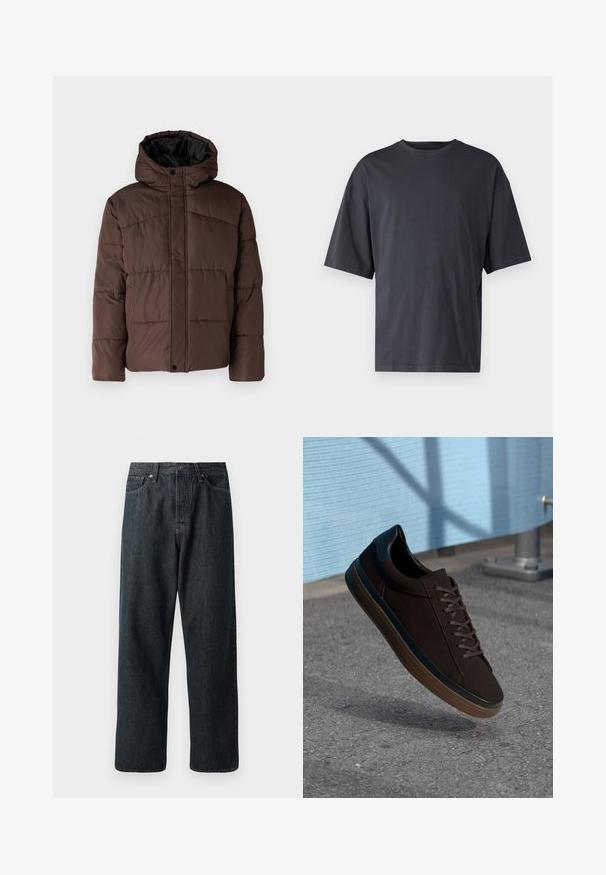 Smešasti smeđi kaput s kapuljačom, sa prošivenom teksturom, prednjim kopčanjem na dugmad i bočnim džepovima. Podstavljen crnom tkaninom.; Tamno siva kratka majica s kratkim rukavima, izrađena od laganog pamuka, s opuštenim krojem i klasičnim okruglim izrezom, bez uzoraka i teksta.; Tamni traperice s ravnim nogavicama, koje imaju tradicionalni raspored od pet džepova i metalno dugme za zatvaranje u struku.; Smeđe tenisice s glatkim nubuk gornjim dijelom, okruglim vrhom i crnim kožnim detaljima. Imaju smeđe vezice, gumeni potplat i suptilne perforirane detalje.