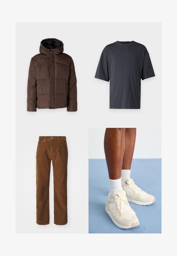 Brown padded jacket with a hood, featuring quilted texture, front snap closure, and side pockets. Lined with black fabric.; Dark gray short-sleeve t-shirt made of lightweight cotton, featuring a loose fit and classic crew neckline, with plain texture and no patterns.; Levi's® Straight leg jeans - karla brown; Light beige athletic shoes with a mesh and suede texture. Features a logo, lace-up design, and a cushioned sole. Worn with white socks.