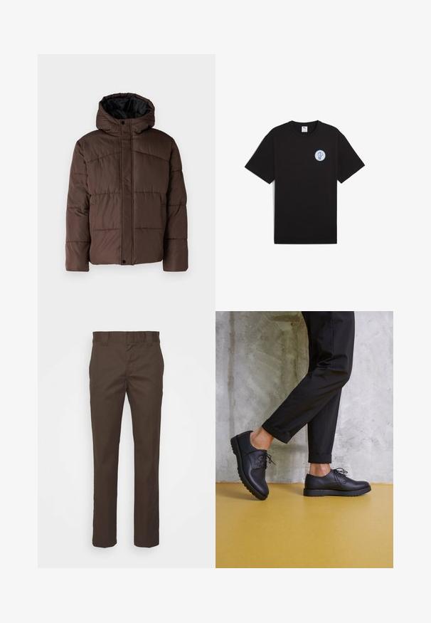 Rudas paminkštas džemperis su gobtuvu, turintis siuvinėtą tekstūrą, priekyje užsegamas mygtukais ir su šoniniais kišenėmis. Iš vidaus pamuštas juoda medžiaga.; Juoda medvilnė T-shirt su trumpomis rankovėmis, apvaliu kaklu ir apvaliu mėlynu logotipu kairėje krūtinės srityje. Lygus tekstūra ir kasdieniškas fasonas.; Rudos kelnės, pagamintos iš tvirto audinio, turinčios tiesią koją, standartinę juosmenį ir šonines kišenes funkcionalumui.; Juodi odiniai škriptiniai batai su apvaliu priekiu, tekstūruotu paviršiumi ir storu guminio pado. Dėvimi su sukrautais juodais keliais prieš betoninį foną.
