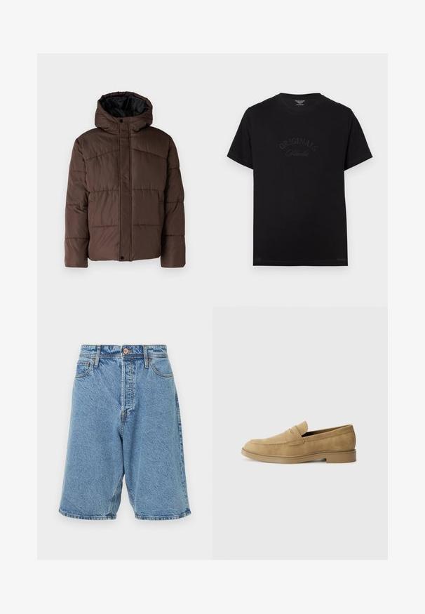 Brown padded jacket with a hood, featuring quilted texture, front snap closure, and side pockets. Lined with black fabric.; Black cotton t-shirt with short sleeves and a round neckline. Features "ORIGINALS Studio" embossed in tonal lettering on the front.; Denim shorts in light blue with a faded texture. Features a front button closure, belt loops, and side pockets. Heavy stitching accents.; Tan suede loafers with a rounded toe, low block heel, and stitched detailing on the upper. Smooth texture and minimalistic design.