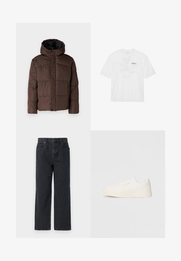 Brun polstret jakke med hette, med flettestruktur, frontlås med trykknapper og sidelommer. Fôret med svart stoff.; Hvit bomull t-skjorte med korte ermer, med et trykk foran som sier "Svev inn i stillhet" i svart og grønt.; Mørkeblå denimbukser med bred ben, fem lommer og knappestenging. Inkluderer kobberfarget metalldetaljer og subtil tekstur.; Hvite slip-on joggesko med teksturert overflate, tykk såle og minimalistisk design. Har merkevarelogo på siden.