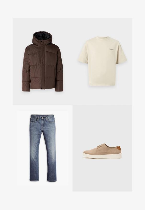 Rjava podložena jakna s kapuco, z nagubanimi teksturami, sprednjim zapiranjem na zaponko in stranskimi žepi. Oblazinjena z črno tkanino.; Bež majica iz bombaža s kratkimi rokavi, okroglo izrezano ovratnikom in majhnim logotipom "SELECTED" na levem prsnem delu. Gladka tekstura.; Modre ravne kavbojke z gumbom in zadrgo spredaj, z zanko za pas in obliko petih žepov.; Bež tkanine usnjene superge z zaobljenim nosom, vezalkami na sprednji strani in teksturiranim zadnjim detajlom. Belo gumijasto podplato zagotavlja kontrast. Enostaven in sodoben dizajn.