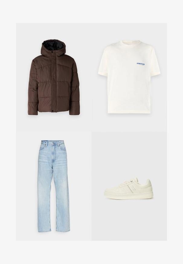 Smešasti smeđi kaput s kapuljačom, sa prošivenom teksturom, prednjim kopčanjem na dugmad i bočnim džepovima. Podstavljen crnom tkaninom.; Kratka krem majica s kratkim rukavima od mekog pamuka, sa malim plavo printanim logom na lijevoj strani grudi. Klasičan dizajn s O izrezom.; Svijetloplave traperice visokog struka s širokim nogavicama, koje imaju prednje džepove i zatvaranje na gumb. Mekani traper s blago izbljeđenim efektom.; Kremasto bijele tenisice s perforiranim detaljima, vezicama i logotipom s bočne strane, prikazane na jednostavnoj bijeloj pozadini.