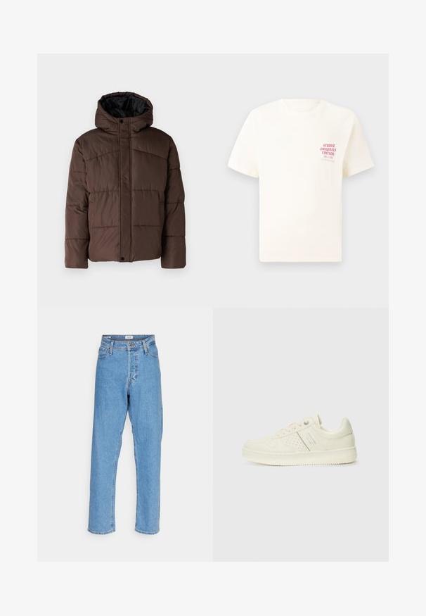 Brown padded jacket with a hood, featuring quilted texture, front snap closure, and side pockets. Lined with black fabric.; White short-sleeve T-shirt with red text "Studio Originals Edition" on left chest, displayed on a neutral gray background.; Light blue high-waist straight-leg jeans with front button, zipper closure, belt loops, and five-pocket design on white background.; Cream-colored sneaker with perforated detailing, laces, and logo on the side, displayed against a plain white background.