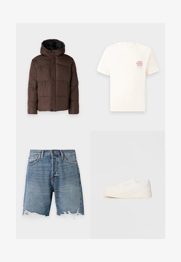 Rudas paminkštas džemperis su gobtuvu, turintis siuvinėtą tekstūrą, priekyje užsegamas mygtukais ir su šoniniais kišenėmis. Iš vidaus pamuštas juoda medžiaga.; Balta trumpa rankovėmis marškinėliai su raudonu užrašu "Studio Originals Edition" kairiajame krūtinės šone, rodomi neutralioje pilkoje aplinkoje.; Šviesiai mėlynos džinsinės šortai su nusidėvėjusiu apačiu, penkių kišenių dizainu ir matomomis siūlėmis. Yra mygtukų užsegimas juosmens srityje.; Baltos slip-on sportbačiai su tekstūruota paviršiumi, storesniu padu ir minimalistišku dizainu. Šone matosi prekės ženklo logotipas.