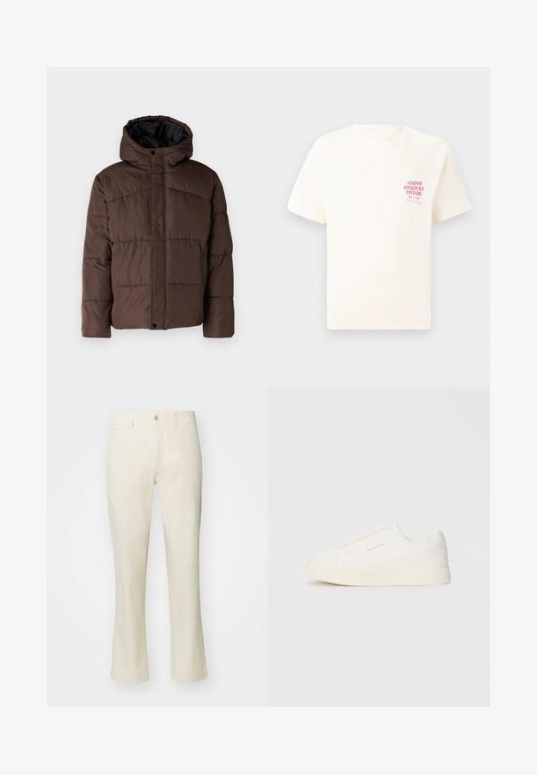 Pruun pehme vooder, millel on kapuuts, koos tikandsurvel tekstuuriga, eesnepp sulgemine ja küljetaskud. Vooder musta kangaga.; Valge lühikeste varrukatega T-särk, millel on vasakul rinnal punane tekst "Studio Originals Edition", esitatud neutraalsel hallil taustal.; Beesvärvilised puuvillased püksid sirge jala disainiga, millel on nupuvarruka sulgemine ja küljetasku. Sile tekstuur ja lihtne stiil.; Valged libisemiskindlad tossud tekstuuriga pinnaga, paksu tallaga ja minimalistikus disainis. Küljel on brändi logo.