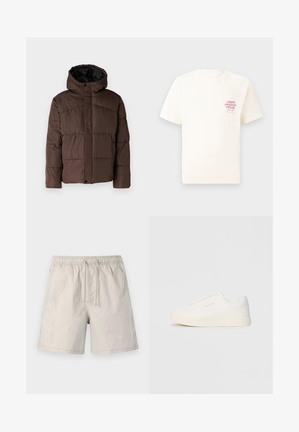 Smešasti smeđi kaput s kapuljačom, sa prošivenom teksturom, prednjim kopčanjem na dugmad i bočnim džepovima. Podstavljen crnom tkaninom.; Bijela kratka majica s kratkim rukavima s crvenim natpisom "Studio Originals Edition" na lijevoj strani grudi, prikazana na neutralnoj sivoj pozadini.; Bež kratke hlače od laganog materijala, s elastičnom trakom oko struka, vezicom i bočnim džepovima s kontrastnim šavovima.; Bijele slip-on tenisice s teksturiranom površinom, debelim đonom i minimalističkim dizajnom. Sadrže logo branda sa strane.