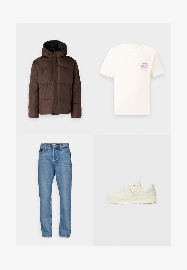 Ruskea vuorattu takki hupulla, jossa on kirjailtu pinta, etupainikkeet ja sivutaskut. Vuorattu mustalla kankaalla.; Valkoinen lyhythihainen t-paita, jossa on punainen teksti "Studio Originals Edition" vasemmalla rinnalla, esitetty neutraalilla harmaalla taustalla.; Vaaleansiniset farkut suoralla lahkeella, jossa on napin suljenta, viisi taskua ja hillitty haalistumisdettali.; Valkokoska sneaker, jossa on rei'itettyjä yksityiskohtia, nauhat ja logo sivussa, esillä tasaisella valkoisella taustalla.