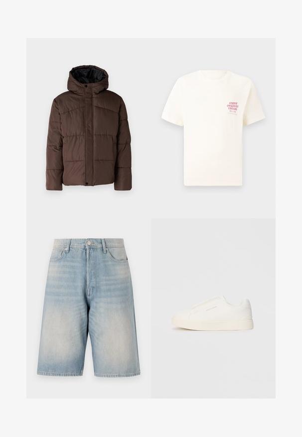 Chaqueta marrón acolchada con capucha, que presenta un textura acolchada, cierre de botones en la parte delantera y bolsillos laterales. Forrada con tela negra.; Camiseta blanca de manga corta con el texto rojo "Edición de Studio Originals" en el lado izquierdo del pecho, exhibida sobre un fondo gris neutro.; Shorts de mezclilla azul claro con un ajuste relajado. Presentan un cierre de botón, trabillas para cinturón y dos bolsillos frontales. Textura desgastada en toda su superficie.; Zapatillas blancas tipo slip-on con una superficie texturizada, suela gruesa y diseño minimalista. Presenta el logo de la marca en un lado.