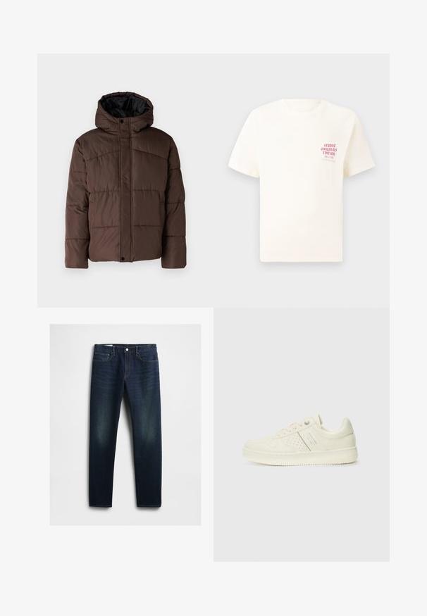 Brown padded jacket with a hood, featuring quilted texture, front snap closure, and side pockets. Lined with black fabric.; White short-sleeve T-shirt with red text "Studio Originals Edition" on left chest, displayed on a neutral gray background.; Dark blue denim jeans with a straight cut, featuring five pockets, a button fly, and subtle fading on the thighs. Classic stitching detail.; Cream-colored sneaker with perforated detailing, laces, and logo on the side, displayed against a plain white background.