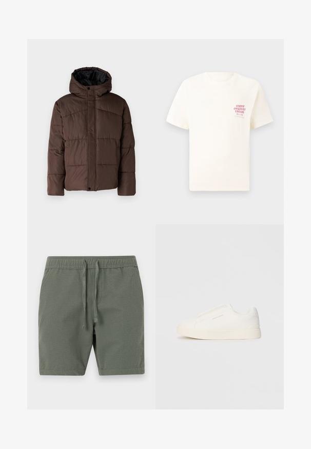 Brown padded jacket with a hood, featuring quilted texture, front snap closure, and side pockets. Lined with black fabric.; White short-sleeve T-shirt with red text "Studio Originals Edition" on left chest, displayed on a neutral gray background.; Olive green shorts made of textured fabric, featuring an elastic waistband with adjustable drawstrings and a relaxed fit.; White slip-on sneakers with a textured surface, a thick sole, and minimalistic design. Features brand logo on the side.