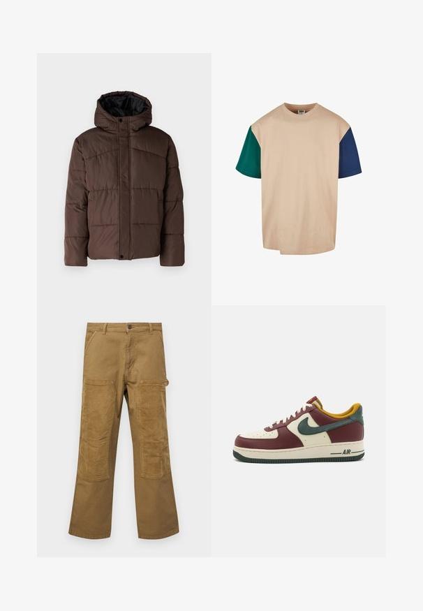 Brun vadderad jacka med huva, med kviltad struktur, framknappslås och sidofickor. Fodrad med svart tyg.; Beige t-shirt med kort ärm och gröna samt marinblå ärmar. Mjuk bomullstextil med rund halsringning och avslappnad passform.; Cargo-byxor i brunt bomull med kontrasterande ribbade tygfickor, rak benstil, fem fickor och knappstängning.; Mörkröd och krämfärgad lädersneaker med gröna mockadetaljer, rund tå, vita snören och Air-logotyp på sidan och sulan.