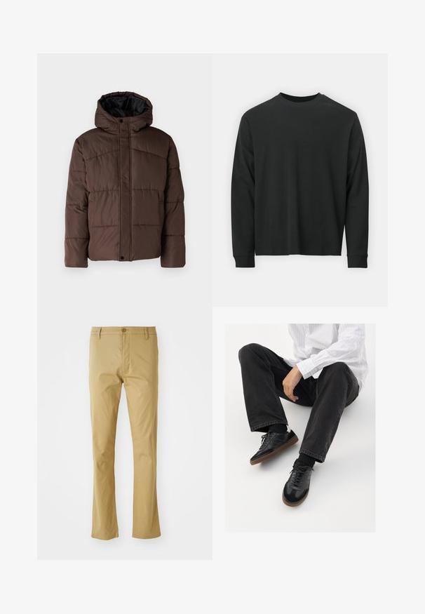 Rjava podložena jakna s kapuco, z nagubanimi teksturami, sprednjim zapiranjem na zaponko in stranskimi žepi. Oblazinjena z črno tkanino.; Dolga majica iz črnega bombaža z dolgimi rokavi, okroglim izrezom in ohlapnim krojem ter rebrastimi manšetami. Gladka tekstura brez vidnih vzorcev.; Svetlo bež hlače iz bombaža s ravnim krojem, s sprednjim gumbom in subtilno teksturo. Brez vzorcev ali okraskov.; Črne superge z gladkim in strukturiranim zgornjim delom, ki vključuje gumijast podplat in temne vezalke. Uvrščene so z štručasto črnimi kavbojkami in belo črtasto majico.