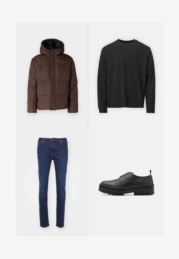 Rjava podložena jakna s kapuco, z nagubanimi teksturami, sprednjim zapiranjem na zaponko in stranskimi žepi. Oblazinjena z črno tkanino.; Dolga majica iz črnega bombaža z dolgimi rokavi, okroglim izrezom in ohlapnim krojem ter rebrastimi manšetami. Gladka tekstura brez vidnih vzorcev.; Temno modri traper hlače z ravnim krojem, ki vključujejo standardne žepe, gumbasto zapiranje in svetlo rjave kontrastne šive.; Črne usnjene čevlje z zaobljenim nosom, zasnovo s vezalkami in masivnim gumijastim podplatom. Imajo zanko na peti in teksturirane detajle.