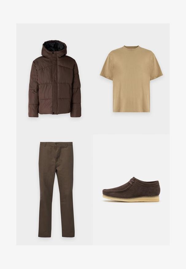 Brun polstret jakke med hette, med flettestruktur, frontlås med trykknapper og sidelommer. Fôret med svart stoff.; Khaki kortermet T-skjorte laget av mykt stoff, med rund hals og en avslappet passform. Ingen mønstre eller grafikk er synlige.; Brune bomullsbukser med rett ben-design, med knappelukking og beltehemper, glatt tekstur uten mønstre eller detaljer.; Brune semskede sko med en glat overflade, rund tå og minimalistisk design. Har en lysfarvet gummisål og kontrasterende snøredetaljer.