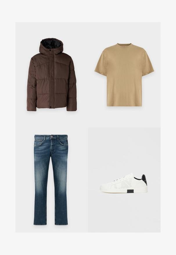 Pruun pehme vooder, millel on kapuuts, koos tikandsurvel tekstuuriga, eesnepp sulgemine ja küljetaskud. Vooder musta kangaga.; Khaki lühikeste varrukatega T-särk, mis on valmistatud pehmest kangast, ümara kaelusega ja mugava lõikega. Mustreid ega graafikat pole.; Tumedates sinised teksad, millel on kulunud viimistlus. Omab klassikalist viit taskut, sirget lõike ja punast detailnuppu.; Valged spordijalatsid perforatsiooni mõjuga, musta kanna aksendiga ja valge kummist tallaga. Varustatud nööride ja logoga külgedel. Sile nahast tekstuur.