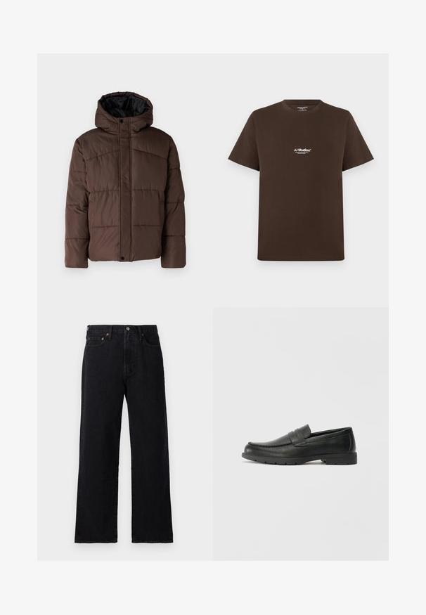 Braune gepolsterte Jacke mit Kapuze, mit gestepptem Muster, vorderem Druckknopfverschluss und seitlichen Taschen. Futter aus schwarzem Stoff.; Braunes Baumwoll-T-Shirt mit kurzen Ärmeln, Rundhalsausschnitt und einem kleinen weißen Logo auf der Brust. Angenehme Textur und reguläre Passform.; Schwarze Denim-Jeans mit geradem Bein, fünf Taschen, kupferfarbenen Hardware-Details und einem minimalistischen Design mit leicht strukturiertem Finish.; Schwarze Lederloafers mit glatter Oberfläche, Mokassin-oberteil, genähten Details und Gummisohle. Klassisches Design mit niedrigem Absatz.