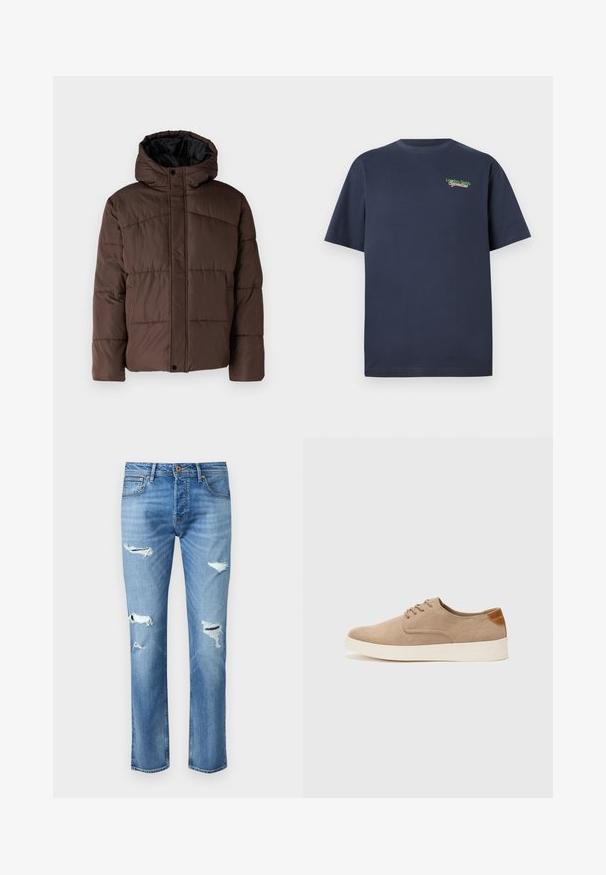 Smešasti smeđi kaput s kapuljačom, sa prošivenom teksturom, prednjim kopčanjem na dugmad i bočnim džepovima. Podstavljen crnom tkaninom.; Tamno plavi pamučni T-shirt kratkih rukava s izvezenim natpisom "London Fields Superstore" u zelenoj i crvenoj boji na gornjem lijevom dijelu prsnog koša.; Svijetloplave traperice s ravnim nogavicama, koje sadrže više izribljenih područja i poderane detalje na koljenima. Bakrene istaknute nijanse.; Bež nubuk tenisice s okruglim vrhom, vezanjem sprijeda i teksturiranim stražnjim naglaskom. Bijela gumena potpetica pruža kontrast. Jednostavan i moderan dizajn.