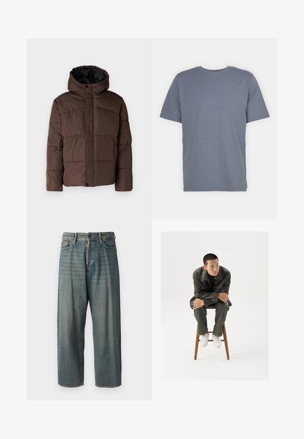 Rjava podložena jakna s kapuco, z nagubanimi teksturami, sprednjim zapiranjem na zaponko in stranskimi žepi. Oblazinjena z črno tkanino.; Siv majica s kratkimi rokavi in okroglo ovratnikom, izdelana iz mehkega bombažnega blaga. Preprost dizajn, brez vzorcev ali dodatkov.; Svetlomoderne kavbojke z ohlapnim krojem, srednjim pasom in ravnimi nogami. Imajo pet žepov, zanke za pas in zapiranje na gumb.; Rjav usnjen jopič s širokim ovratnikom, v kombinaciji s temno zelenimi kavbojkami in belimi športnimi čevlji. Model sedi na lesenem stolu.