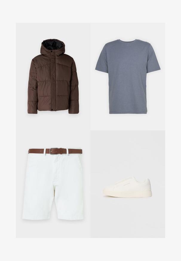 Brūna pūkaina jaka ar kapuci, ar quilted struktūru, priekšējo spiedpogu aizdari un sānu kabatām. Oderēta ar melnu audumu.; Pelēks īsām piedurknēm T-krekls ar apaļu kakla izgriezumu, izgatavots no mīkstas kokvilnas maisījuma auduma. Vienkāršs dizains, bez rakstiem vai akcentiem.; Baltas kokvilnas šorts ar brūnu ādas jostu ar sudraba sprādzi. Ar pogu un rāvējslēdzēju, sānu kabatām un apdarinātiem piedurknēm.; Baltas slip-on sporta apavi ar teksturētu virsmu, biezu zoli un minimālistisku dizainu. Sānos redzams zīmola logotips.