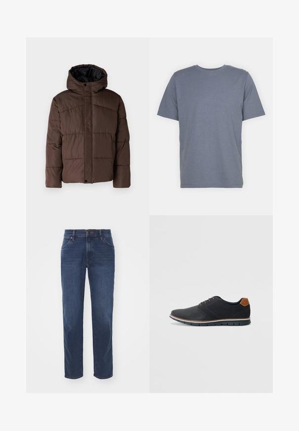 Pruun pehme vooder, millel on kapuuts, koos tikandsurvel tekstuuriga, eesnepp sulgemine ja küljetaskud. Vooder musta kangaga.; Hall hallitusest lühikeste varrukatega T-särk ümmarguse kaelusega, valmistatud pehmest puuvillasegusest kangast. Lihtne disain, ilma mustrite või aktsentideta.; Tumed sinised teksad, mis on valmistatud denimist, sirgete jalgade disainiga, klassikalise viie taskuga stiil ja nupuga sulgemine vöökoht. ; Mustavad sünteetilised jalatsid tekstureeritud pealsega, siledad aktsendid, pruun kand ja kontrastne tall. Omab minimaalset lukkude ja õmbluste dekoratsiooni.