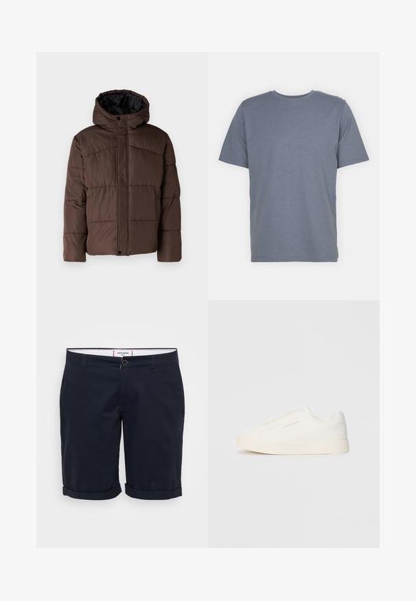 Rjava podložena jakna s kapuco, z nagubanimi teksturami, sprednjim zapiranjem na zaponko in stranskimi žepi. Oblazinjena z črno tkanino.; Siv majica s kratkimi rokavi in okroglo ovratnikom, izdelana iz mehkega bombažnega blaga. Preprost dizajn, brez vzorcev ali dodatkov.; Temno modri kratki hlače iz bombažne tkanine, z ravnim sprednjim delom, zavihanimi hlačnicami in enim sprednjim gumbom za zapiranje.; Bele zapete brez vezalk z teksturirano površino, debelim podplatom in minimalističnim dizajnom. Na strani se nahaja logotip blagovne znamke.