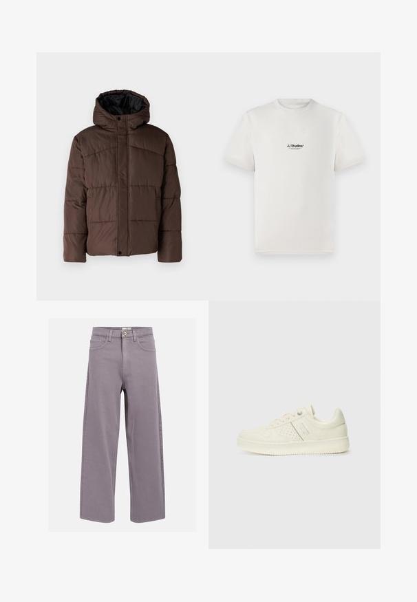 Brown padded jacket with a hood, featuring quilted texture, front snap closure, and side pockets. Lined with black fabric.; White cotton t-shirt with short sleeves, featuring a black "JJ Studios" logo on the chest. Crew neck and standard fit design.; Straight-leg lavender-gray jeans with front and back pockets, belt loops, and a button closure at the waist.; Cream-colored sneaker with perforated detailing, laces, and logo on the side, displayed against a plain white background.