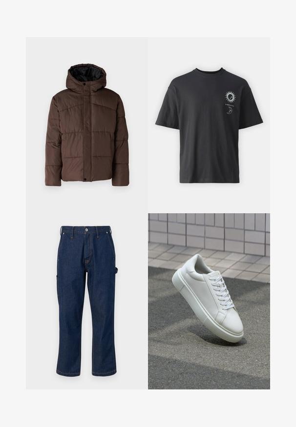 Smešasti smeđi kaput s kapuljačom, sa prošivenom teksturom, prednjim kopčanjem na dugmad i bočnim džepovima. Podstavljen crnom tkaninom.; Crna pamučna majica kratkih rukava, okruglog izreza, s grafikom sunca i mjeseca na prednjoj strani, uz tekst "Le Soleil et La Lune."; Tamno plave traperice ravnog kroja, s kontrastnim narančastim šavovima i bočnim džepovima, zatvorenim metalnim dugmetom.; Bijela kožna tenisica s glatkom površinom, okruglim vrhom i ravnim bijelim vezicama. Ima teksturiran gumeni potplat i minimalne dizajnerske elemente.