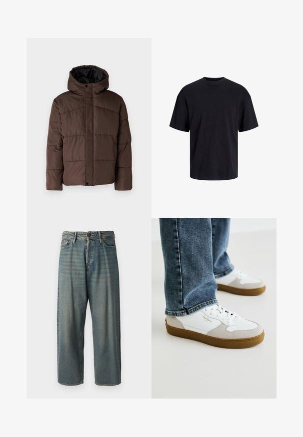 Pruun pehme vooder, millel on kapuuts, koos tikandsurvel tekstuuriga, eesnepp sulgemine ja küljetaskud. Vooder musta kangaga.; Must must on mustre, lühikeste varrukatega ja vabalt langev. Sile tekstuur ja ilma nähtavate mustrite või aktsentideta.; Heledad sinine denim-stiilis teksad, volüümse lõike, keskmise kõrgusega talje ja sirgete säärega. Omab viit taskut, vöökumme ja nööpide sulgemist.; Valged ja beežid spordijalatsid, millel on sile naha ja sametise pealispind, ümmargune varvas, paeltega eesosa ning pruun kummist tald.