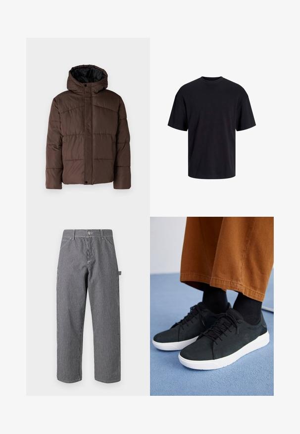 Brown padded jacket with a hood, featuring quilted texture, front snap closure, and side pockets. Lined with black fabric.; Black cotton t-shirt with a crew neckline, short sleeves, and a relaxed fit. Smooth texture and no visible patterns or accents.; Striped trousers made of cotton blend fabric, featuring vertical black and white stripes, a button closure, and side pocket design.; Black suede sneakers with white rubber soles, featuring lace-up design, textured accents, and subtle branding, paired with brown pants.