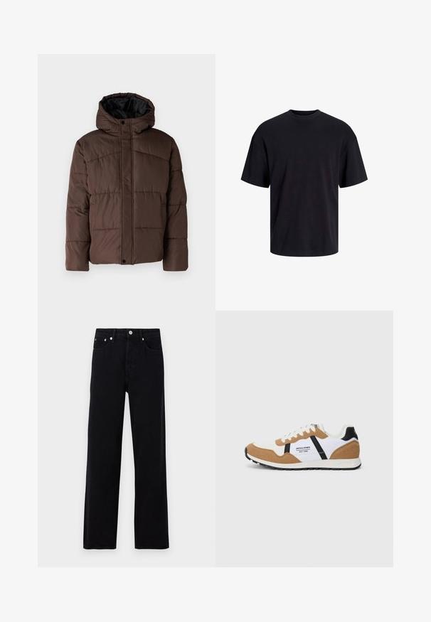 Ruskea vuorattu takki hupulla, jossa on kirjailtu pinta, etupainikkeet ja sivutaskut. Vuorattu mustalla kankaalla.; Musta puuvillapaita, jossa on pyöreä kaula-aukko, lyhyet hihat ja rento muotoilu. Yksinkertainen ja sileä pinta, ilman näkyviä kuvioita tai koristeita.; Only & Sons ONSFADE LOOSE BOX - Loose fit -farkut - washed black; Retro-tyylinen lenkkitossu, jossa on valkoista, vaaleanruskeaa mokkaa, mustia yksityiskohtia, valkoiset nauhat ja "Jack & Jones EST. 1990" -logo sivussa.