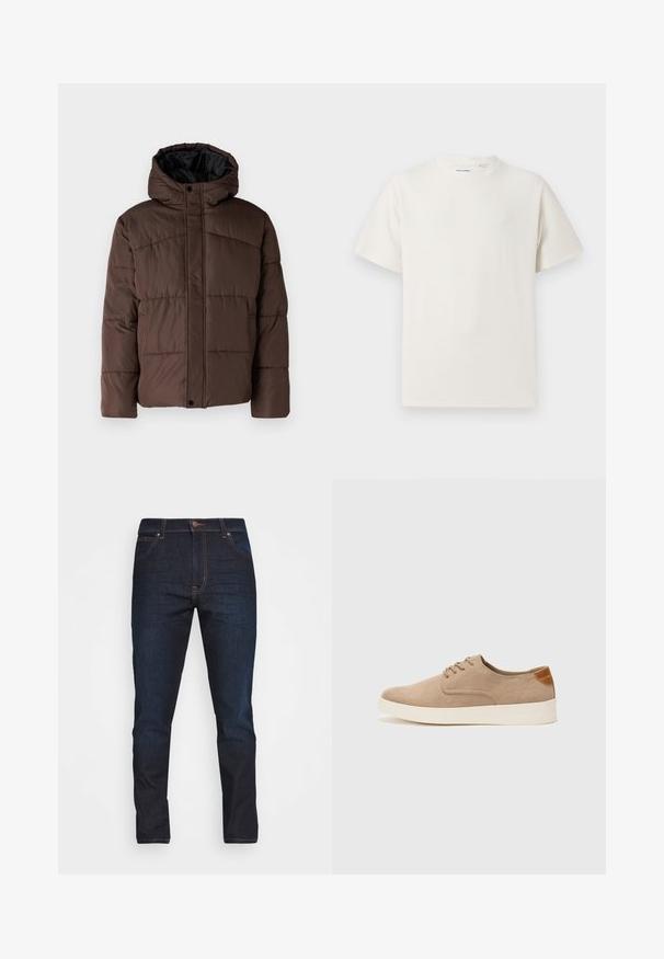 Rjava podložena jakna s kapuco, z nagubanimi teksturami, sprednjim zapiranjem na zaponko in stranskimi žepi. Oblazinjena z črno tkanino.; Bela majica s kratkimi rokavi iz rebraste tkanine. Okrogli izrez, sproščen kroj, brez vidnih vzorcev ali naglasov. Preprosta in vsestranska zasnova.; Temno modri jeans z ožjim krojem, petimi žepi in gumbnim zapiranjem. Imajo kontrastno šivanje in gladko teksturo.; Bež tkanine usnjene superge z zaobljenim nosom, vezalkami na sprednji strani in teksturiranim zadnjim detajlom. Belo gumijasto podplato zagotavlja kontrast. Enostaven in sodoben dizajn.