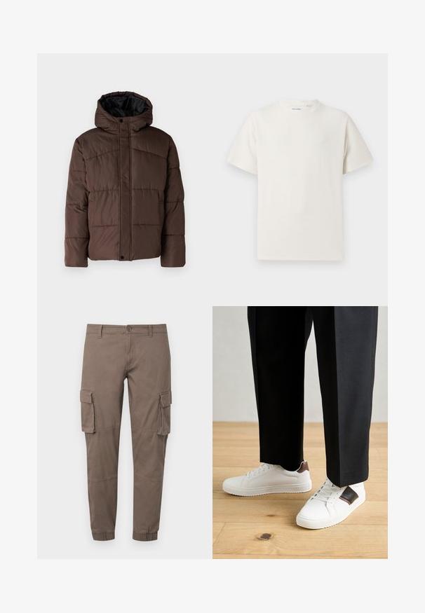 Bruine gewatteerde jas met capuchon, met een doorstikte structuur, voorzijde met drukknoopsluiting en zijzakken. Voering van zwarte stof.; Witte korte mouwen T-shirt met ribbelstructuur. Ronde hals, ontspannen pasvorm, geen zichtbare patronen of accenten. Eenvoudig en veelzijdig ontwerp.; Cargo broeken in een gedempte bruine tint, gemaakt van lichtgewicht stof, met meerdere zijzakken, elastische manchetten en een klassieke knoopsluiting.; Witte sneakers met een gladde textuur, voorzien van bruine lederen accenten en zwarte details, gecombineerd met zwarte maatpakken. Achtergrond van houten vloeren.