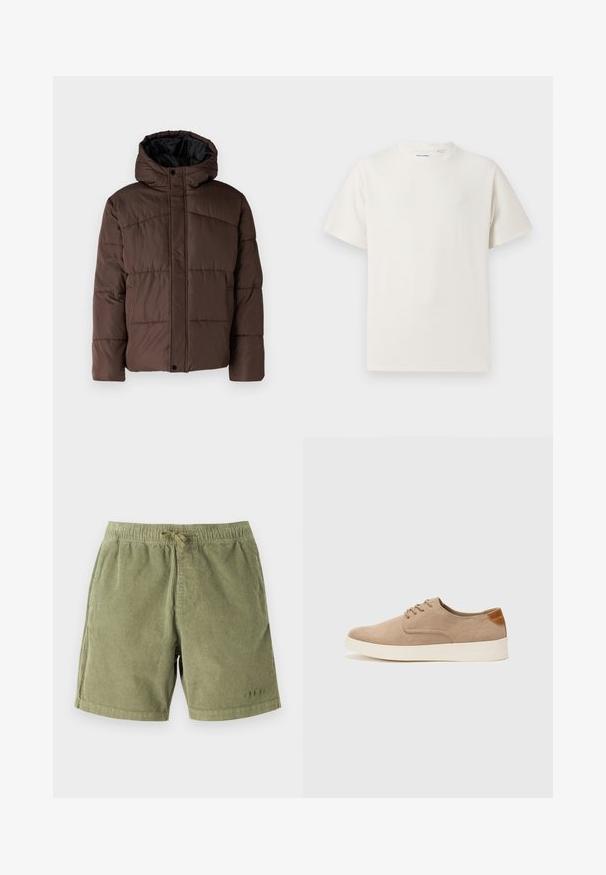 Braune gepolsterte Jacke mit Kapuze, mit gestepptem Muster, vorderem Druckknopfverschluss und seitlichen Taschen. Futter aus schwarzem Stoff.; Weißes T-Shirt mit kurzen Ärmeln in gerippter Textur. Runder Ausschnitt, lockere Passform, keine sichtbaren Muster oder Akzente. Einfaches und vielseitiges Design.; Hellgrüne Cordshorts mit elastischem Bund und Kordelzug. Sie verfügen über seitliche Taschen und subtile Steppdetails.; Beige Wildleder-Sneaker mit runder Zehenpartie, Schnürung und strukturiertem Rückenteil. Die weiße Gummisohle sorgt für einen Kontrast. Einfaches und modernes Design.