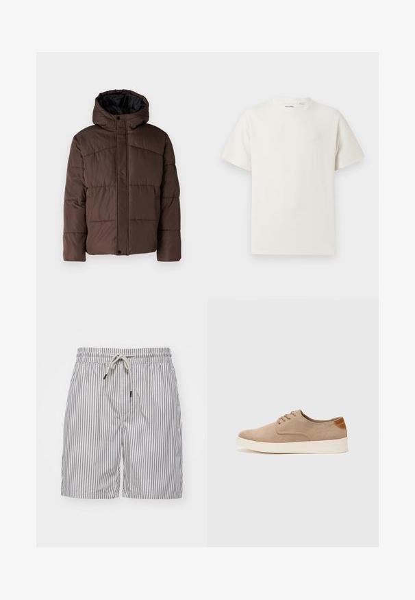 Braune gepolsterte Jacke mit Kapuze, mit gestepptem Muster, vorderem Druckknopfverschluss und seitlichen Taschen. Futter aus schwarzem Stoff.; Weißes T-Shirt mit kurzen Ärmeln in gerippter Textur. Runder Ausschnitt, lockere Passform, keine sichtbaren Muster oder Akzente. Einfaches und vielseitiges Design.; Gestreifte Badeshorts aus leichtem Stoff; mit blauen vertikalen Streifen, elastischem Bund mit Kordelzug und Seitentaschen.; Beige Wildleder-Sneaker mit runder Zehenpartie, Schnürung und strukturiertem Rückenteil. Die weiße Gummisohle sorgt für einen Kontrast. Einfaches und modernes Design.