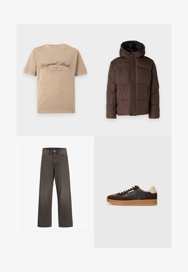 Brun polstret jakke med hette, med flettestruktur, frontlås med trykknapper og sidelommer. Fôret med svart stoff.; Beige bomull t-skjorte med korte ermer, med et brunt vintage-stil trykk som sier "Originals Studio" og ekstra tekst under.; Videbukser i mørkegrå denim, med høj talje, klassisk fem-lomme design og kontrasterende syninger langs sømmene.; Brune suedette og lær sneakers med en gummisåle, som har kremfargede detaljer og hvite skolisser. Rund tå og minimal detaljer.