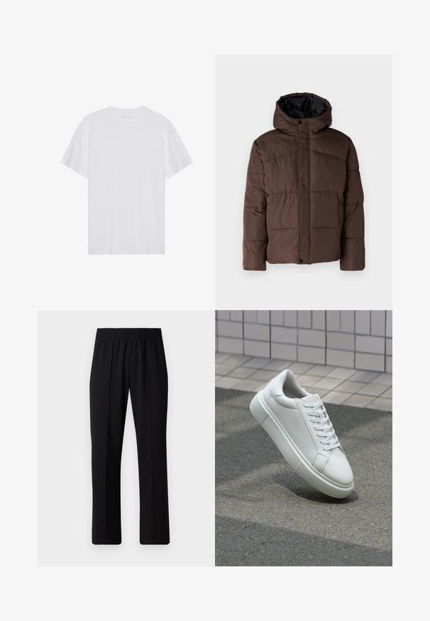 Giacca imbottita marrone con cappuccio, caratterizzata da una texture trapuntata, chiusura frontale con bottoni a pressione e tasche laterali. Foderata in tessuto nero.; Maglietta in cotone bianca con maniche corte, colletto rotondo e una texture liscia. Presenta un branding minimale sul colletto.; Pantaloni neri con vita elasticizzata e design a gamba dritta, caratterizzati da una texture liscia e senza motivi o hardware visibili.; Sneaker bianco in pelle con superficie liscia, punta rotonda e lacci piatti bianchi. Presenta una suola in gomma texturizzata e un design minimale.