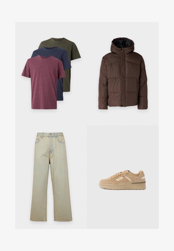 Pruun pehme vooder, millel on kapuuts, koos tikandsurvel tekstuuriga, eesnepp sulgemine ja küljetaskud. Vooder musta kangaga.; Kolm puuvillast T-särki: maroon, tumesinine ja oliivroheline. Ümar kaelus, lühikesed varrukad ja pehme, tekstureeritud viimistlus.; Heledad sinine laiad teksad, mis on valmistatud fliisist ja millel on pleekinud viimistlus. Omab viit taskut ja esist nuppude sulgemist.; Tannipunane sametist toss ümarate varvastega, paeltega ees ja polsterdatud kraega. Omadusteks on tekstuuriga keskosa ja peen brändi aksent külgedel.