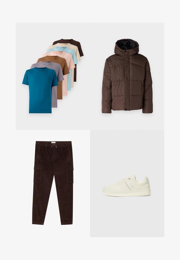 Giacca imbottita marrone con cappuccio, caratterizzata da una texture trapuntata, chiusura frontale con bottoni a pressione e tasche laterali. Foderata in tessuto nero.; Set di otto t-shirt con collo a giro in vari colori: teal, marrone, beige, azzurro chiaro, rosa chiaro, grigio e lavanda, realizzate in tessuto morbido.; Pantaloni cargo in corduroy marrone con vita elasticizzata, coulisse, due tasche laterali e due ampie tasche cargo sulle cosce.; Sneaker color crema con dettagli perforati, lacci e logo sul lato, esposta su uno sfondo bianco semplice.