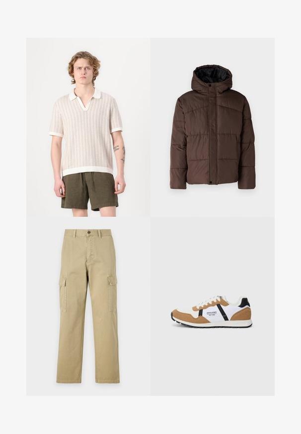 Chaqueta marrón acolchada con capucha, que presenta un textura acolchada, cierre de botones en la parte delantera y bolsillos laterales. Forrada con tela negra.; Polo de manga corta en punto beige texturizado, con cuello y dobladillo blancos. Combinado con pantalones cortos verde oliva.; Pantalones cargo beige de algodón, con dos bolsillos laterales, cierre de botón y perneras rectas con una tela ligeramente texturizada.; Zapatilla de estilo retro con gamuza blanca y marrón, acentos negros, cordones blancos y el logo "Jack & Jones EST. 1990" en el lateral.