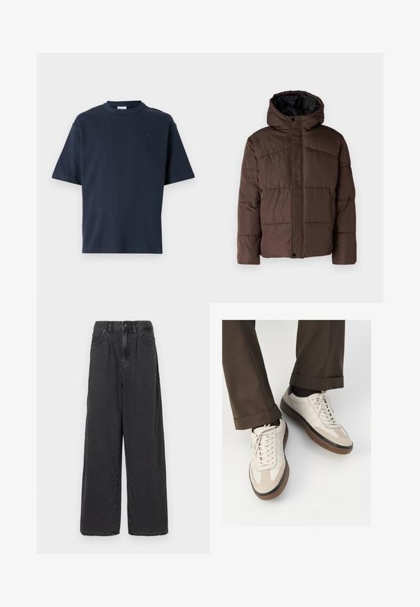 Ruskea vuorattu takki hupulla, jossa on kirjailtu pinta, etupainikkeet ja sivutaskut. Vuorattu mustalla kankaalla.; T-paita, jossa on lyhyet hihat, tummansinisestä puuvillasta. Ominaisuuksia ovat pyöreä kaula-aukko ja hillitty logo rinnassa. Suora leikattu malli ilman kuvioita.; Haalihousut, korkeavyötäröiset mustat farkut, joissa on edessä nappi- ja vetoketjukiinnitys, sivutaskut ja sileä pinta.; Beige tennarit, joissa on teksturoidut mokkasiinimaiset etuosat, sileät nahkasaumat ja ruskea kumipohja. Narut ja vaaleat ompelutiedot mukana.