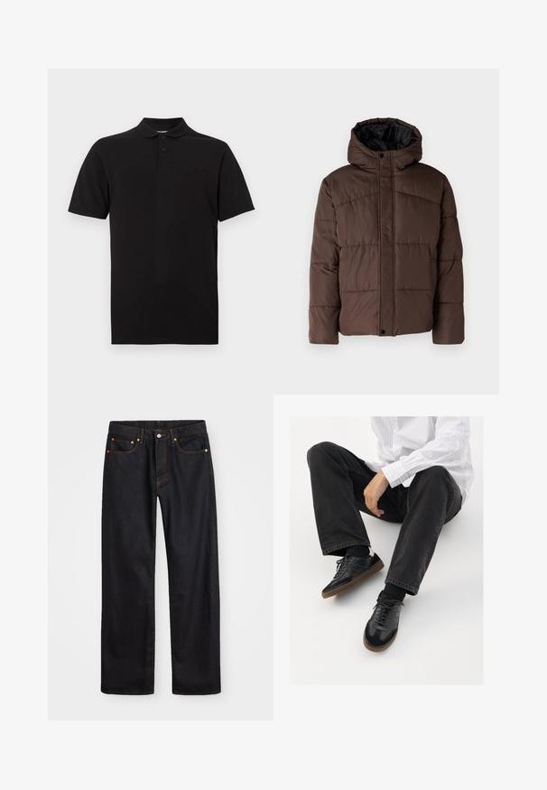 Brązowa pikowana kurtka z kapturem, z zapięciem na napy z przodu i bocznymi kieszeniami. Podszewka z czarnej tkaniny.; Czarna koszulka polo wykonana z bawełny, z klasycznym kołnierzykiem, trzema guzikami oraz małym logo na piersi.; Męskie jeansy w prostym kroju, czarne, z pięcioma kieszeniami oraz pomarańczowymi strefami, z zapięciem na guzik i zamek z przodu w pasie.; Czarne sneakersy z gładką i textured cholewką, z gumową podeszwą i ciemnymi sznurowadłami. Połączone z czarnymi dżinsami i bluzką w białe paski.