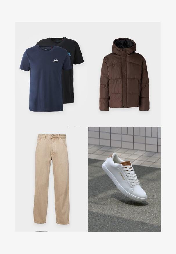 Brun polstret jakke med hætte, der har en quiltet tekstur, frontlukkede tryknapper og sidelommer. Foret med sort stof.; To crew neck t-shirts: en marineblå og en sort. Begge er af bomuld, kortærmede med et lille hvidt logo på brystet.; Beige denimjeans med lige bendesign, med forlommer, metalknaplukning og subtil struktur.; Hvide lædersneakers med en glat overflade, tan-akcent på hælen, gyldent logo på siden og en gummisål med tekstureret greb.