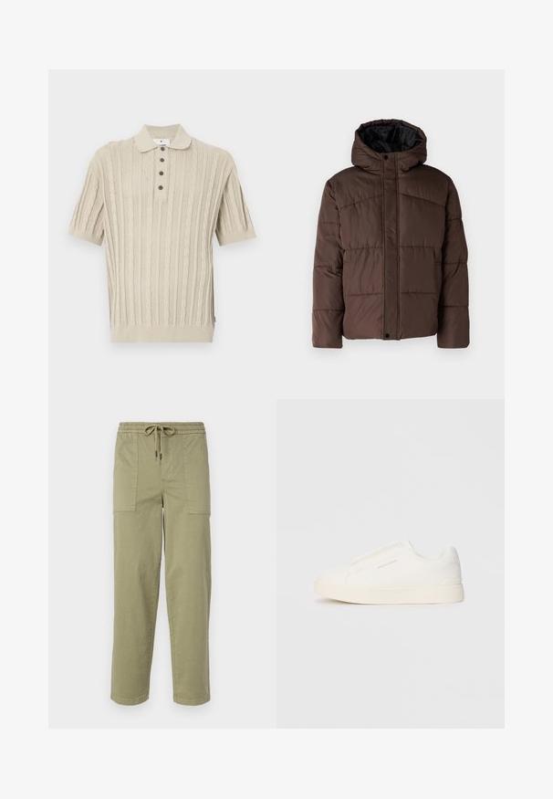 Pruun pehme vooder, millel on kapuuts, koos tikandsurvel tekstuuriga, eesnepp sulgemine ja küljetaskud. Vooder musta kangaga.; Beige lõngast kudunud polo-särk lühikeste varrukatega, millel on nööpkinnitusega, kabelkudumise mustrid ja soonikääred.; Kerged oliivrohelised püksid, mis on valmistatud puuvilla segakangast, elastse vöökoha ja nööriga, ning kahel suurel küljeosal.; Valged libisemiskindlad tossud tekstuuriga pinnaga, paksu tallaga ja minimalistikus disainis. Küljel on brändi logo.
