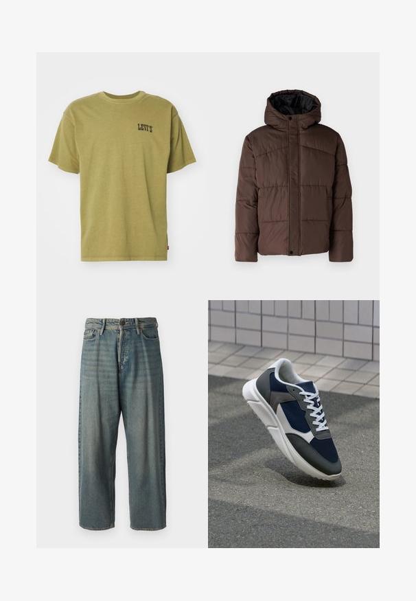 Rjava podložena jakna s kapuco, z nagubanimi teksturami, sprednjim zapiranjem na zaponko in stranskimi žepi. Oblazinjena z črno tkanino.; Olivno zelena bombažna majica s kratkimi rokavi, okroglim izrezom in majhnim črnim logotipom "LEVI'S" na levi strani prsnega koša. Gladka tekstura, sproščen kroj.; Svetlomoderne kavbojke z ohlapnim krojem, srednjim pasom in ravnimi nogami. Imajo pet žepov, zanke za pas in zapiranje na gumb.; Superge z zgornjim delom iz mrežaste tkanine v mornarsko modri barvi, sivi usnjeni poudarki, belo gumijasto podplato in ravnimi belimi vezalkami, zasnovane za udobje in zračnost.