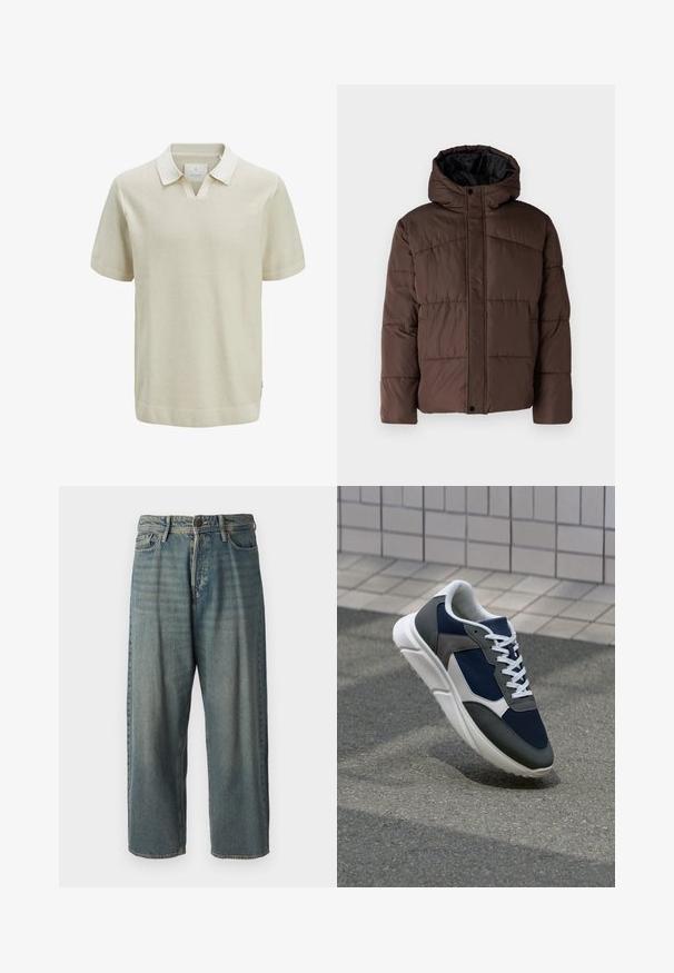 Rjava podložena jakna s kapuco, z nagubanimi teksturami, sprednjim zapiranjem na zaponko in stranskimi žepi. Oblazinjena z črno tkanino.; Polo majica s kratkimi rokavi v bež barvi z teksturiranim pletenim vzorcem, kontrastnim ovratnikom in rebrastimi manšetami. Ima v-edini izrez in poudarke ob straneh.; Svetlomoderne kavbojke z ohlapnim krojem, srednjim pasom in ravnimi nogami. Imajo pet žepov, zanke za pas in zapiranje na gumb.; Superge z zgornjim delom iz mrežaste tkanine v mornarsko modri barvi, sivi usnjeni poudarki, belo gumijasto podplato in ravnimi belimi vezalkami, zasnovane za udobje in zračnost.